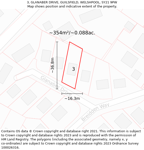 3, GLANABER DRIVE, GUILSFIELD, WELSHPOOL, SY21 9PW: Plot and title map