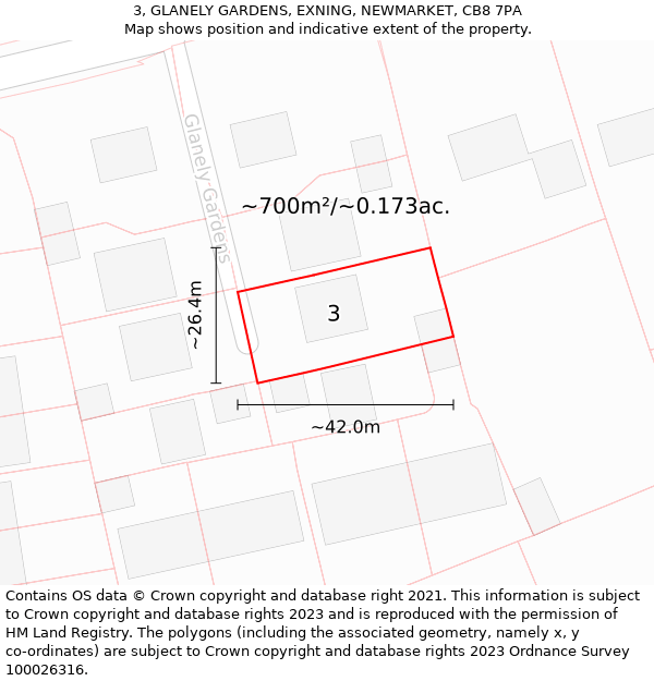 3, GLANELY GARDENS, EXNING, NEWMARKET, CB8 7PA: Plot and title map