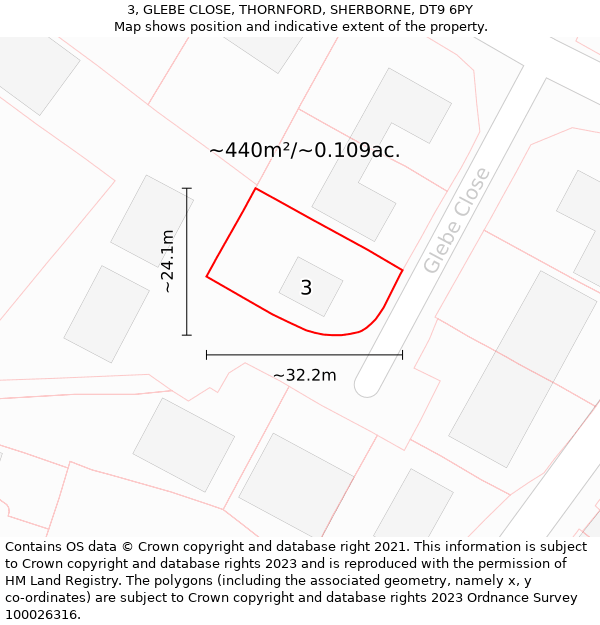 3, GLEBE CLOSE, THORNFORD, SHERBORNE, DT9 6PY: Plot and title map