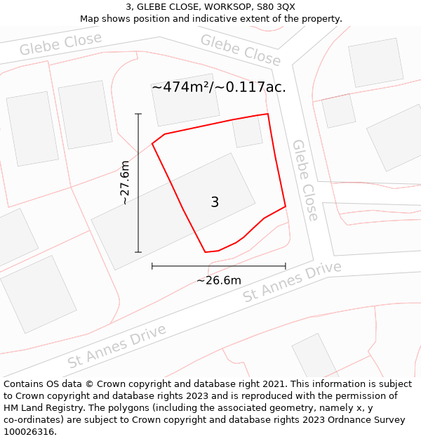 3, GLEBE CLOSE, WORKSOP, S80 3QX: Plot and title map