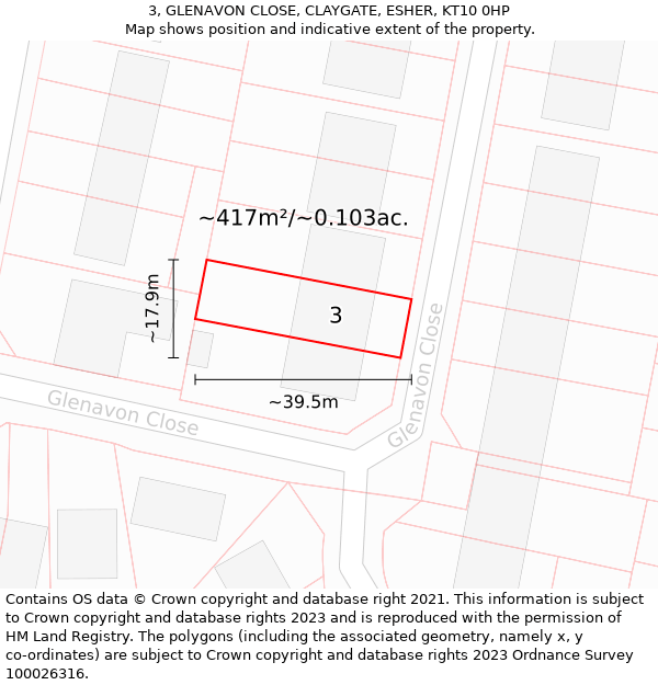 3, GLENAVON CLOSE, CLAYGATE, ESHER, KT10 0HP: Plot and title map