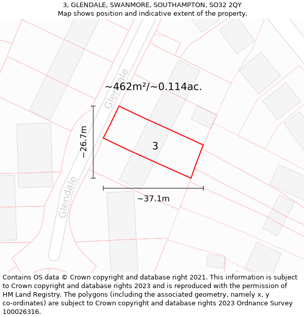 3, GLENDALE, SWANMORE, SOUTHAMPTON, SO32 2QY: Plot and title map