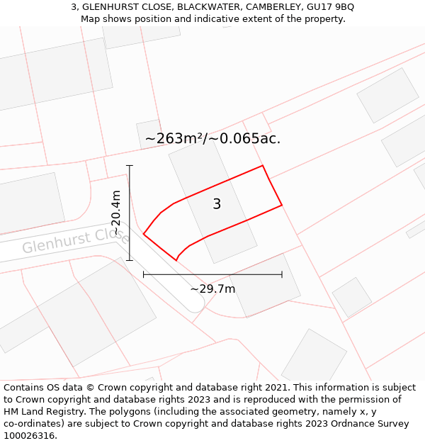 3, GLENHURST CLOSE, BLACKWATER, CAMBERLEY, GU17 9BQ: Plot and title map