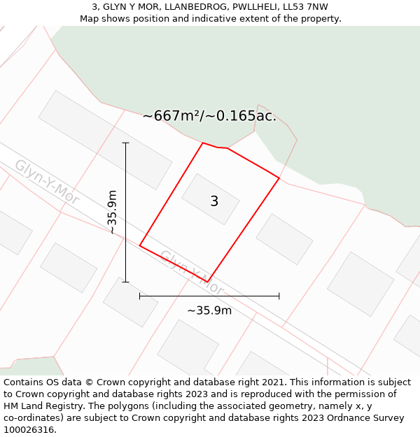 3, GLYN Y MOR, LLANBEDROG, PWLLHELI, LL53 7NW: Plot and title map