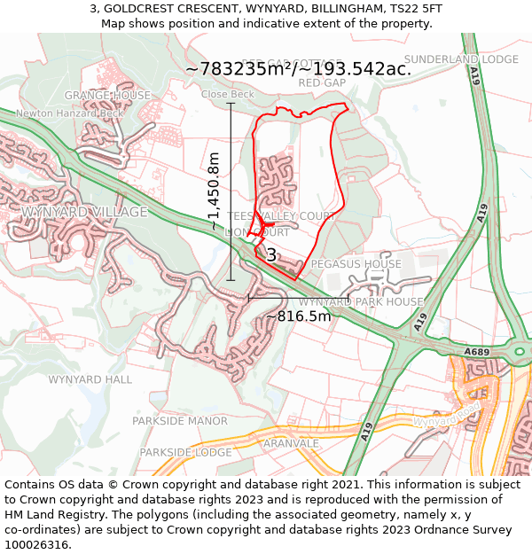 3, GOLDCREST CRESCENT, WYNYARD, BILLINGHAM, TS22 5FT: Plot and title map