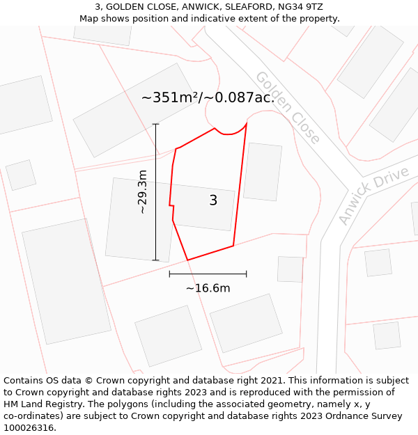 3, GOLDEN CLOSE, ANWICK, SLEAFORD, NG34 9TZ: Plot and title map