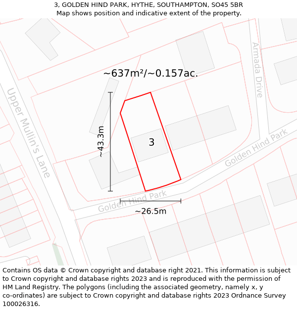 3, GOLDEN HIND PARK, HYTHE, SOUTHAMPTON, SO45 5BR: Plot and title map