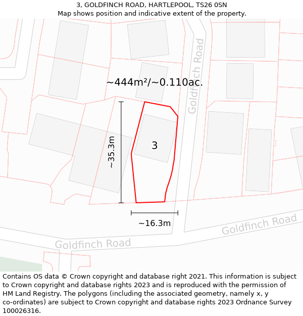 3, GOLDFINCH ROAD, HARTLEPOOL, TS26 0SN: Plot and title map