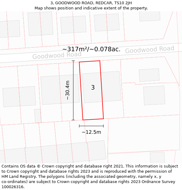 3, GOODWOOD ROAD, REDCAR, TS10 2JH: Plot and title map