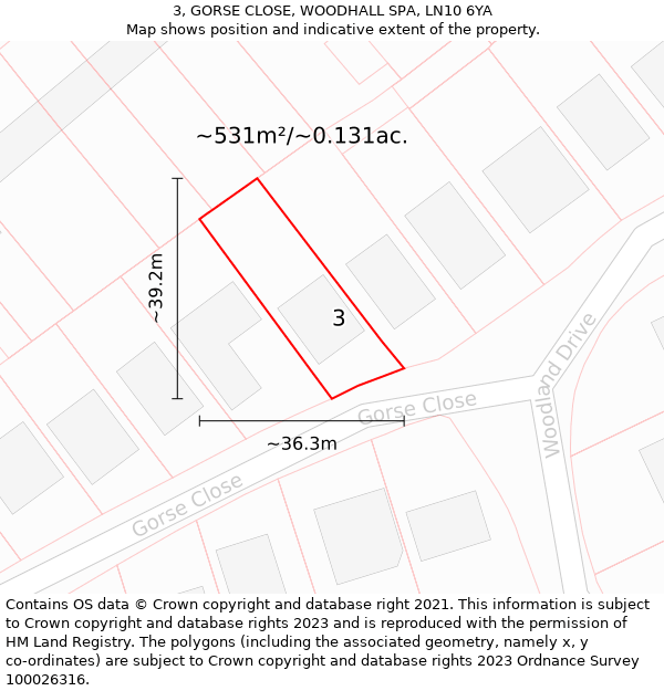 3, GORSE CLOSE, WOODHALL SPA, LN10 6YA: Plot and title map