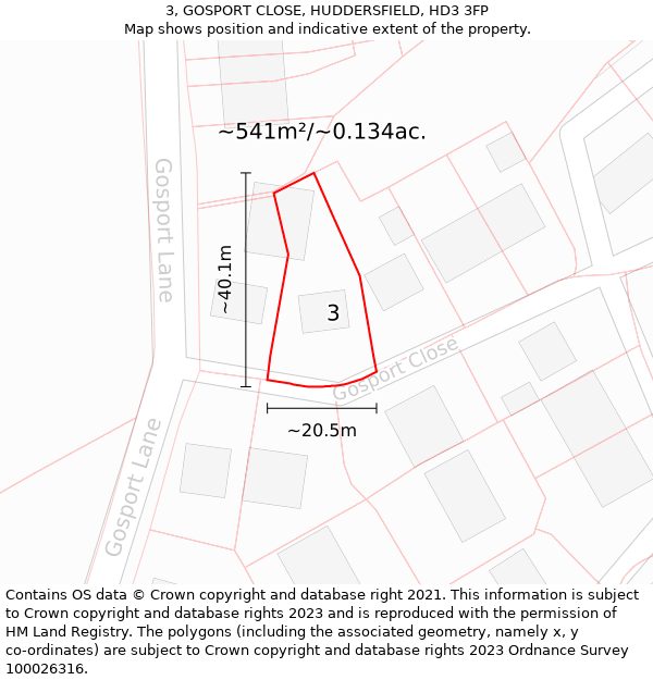 3, GOSPORT CLOSE, HUDDERSFIELD, HD3 3FP: Plot and title map