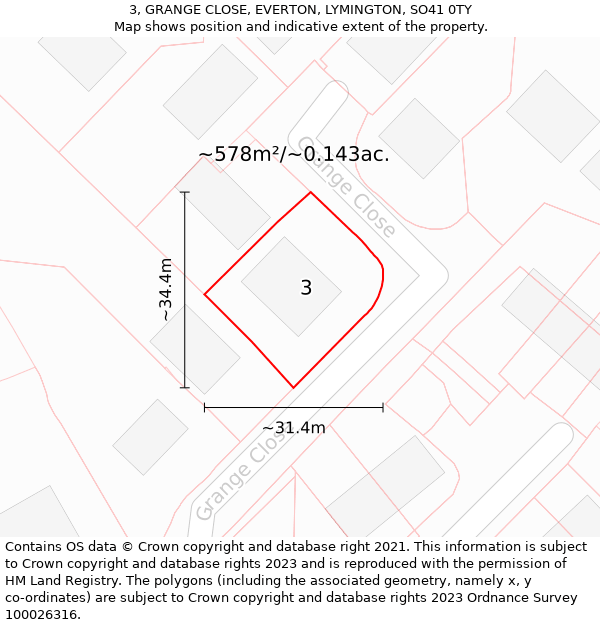 3, GRANGE CLOSE, EVERTON, LYMINGTON, SO41 0TY: Plot and title map