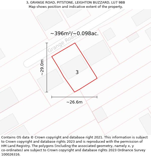 3, GRANGE ROAD, PITSTONE, LEIGHTON BUZZARD, LU7 9BB: Plot and title map