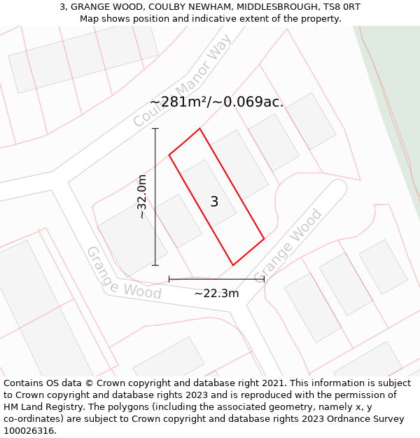 3, GRANGE WOOD, COULBY NEWHAM, MIDDLESBROUGH, TS8 0RT: Plot and title map