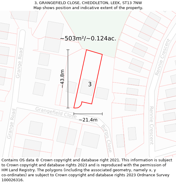 3, GRANGEFIELD CLOSE, CHEDDLETON, LEEK, ST13 7NW: Plot and title map
