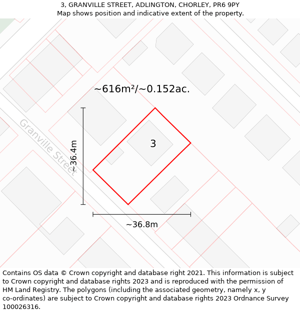3, GRANVILLE STREET, ADLINGTON, CHORLEY, PR6 9PY: Plot and title map