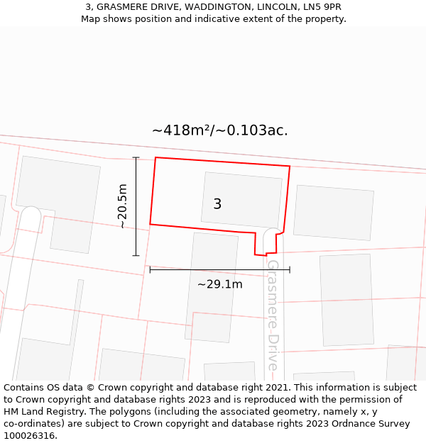 3, GRASMERE DRIVE, WADDINGTON, LINCOLN, LN5 9PR: Plot and title map