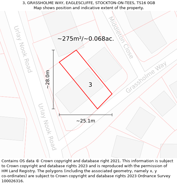 3, GRASSHOLME WAY, EAGLESCLIFFE, STOCKTON-ON-TEES, TS16 0GB: Plot and title map