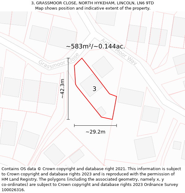 3, GRASSMOOR CLOSE, NORTH HYKEHAM, LINCOLN, LN6 9TD: Plot and title map
