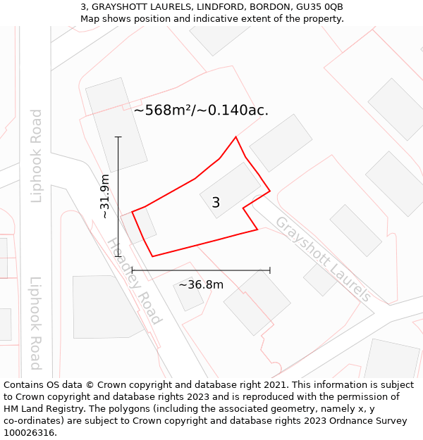 3, GRAYSHOTT LAURELS, LINDFORD, BORDON, GU35 0QB: Plot and title map