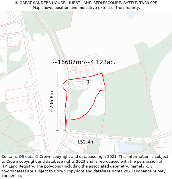 3, GREAT SANDERS HOUSE, HURST LANE, SEDLESCOMBE, BATTLE, TN33 0PE: Plot and title map