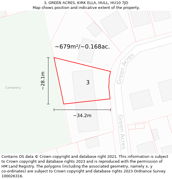 3, GREEN ACRES, KIRK ELLA, HULL, HU10 7JD: Plot and title map