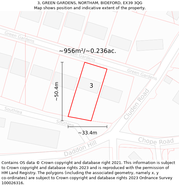 3, GREEN GARDENS, NORTHAM, BIDEFORD, EX39 3QG: Plot and title map