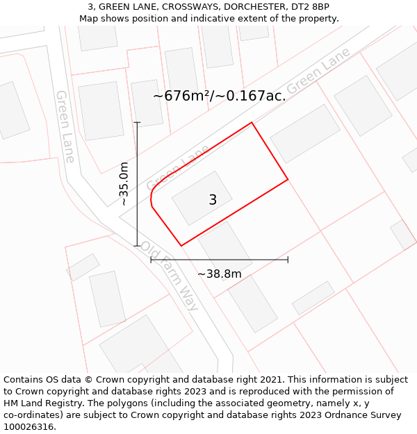 3, GREEN LANE, CROSSWAYS, DORCHESTER, DT2 8BP: Plot and title map