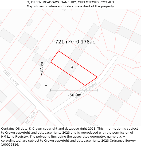 3, GREEN MEADOWS, DANBURY, CHELMSFORD, CM3 4LD: Plot and title map