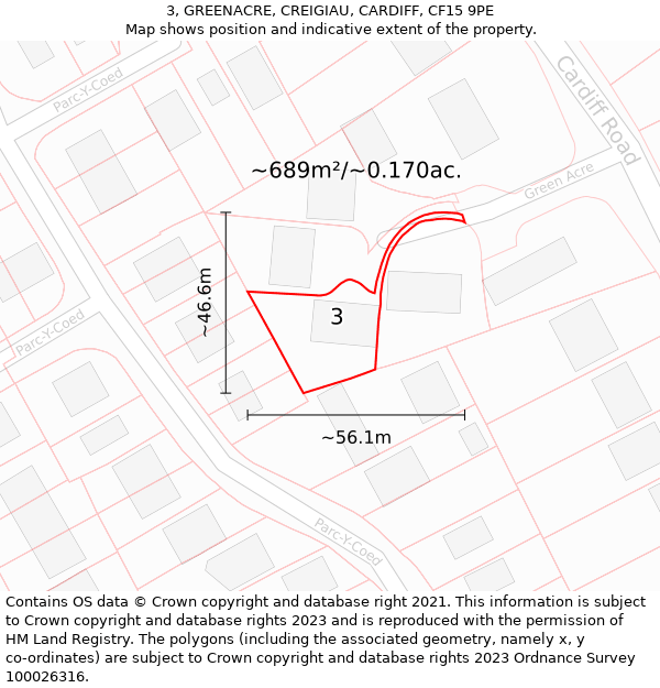 3, GREENACRE, CREIGIAU, CARDIFF, CF15 9PE: Plot and title map