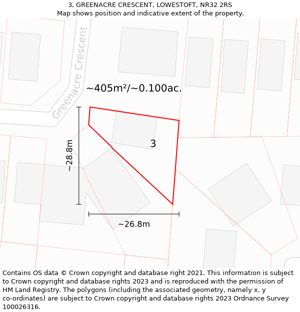 3, GREENACRE CRESCENT, LOWESTOFT, NR32 2RS: Plot and title map