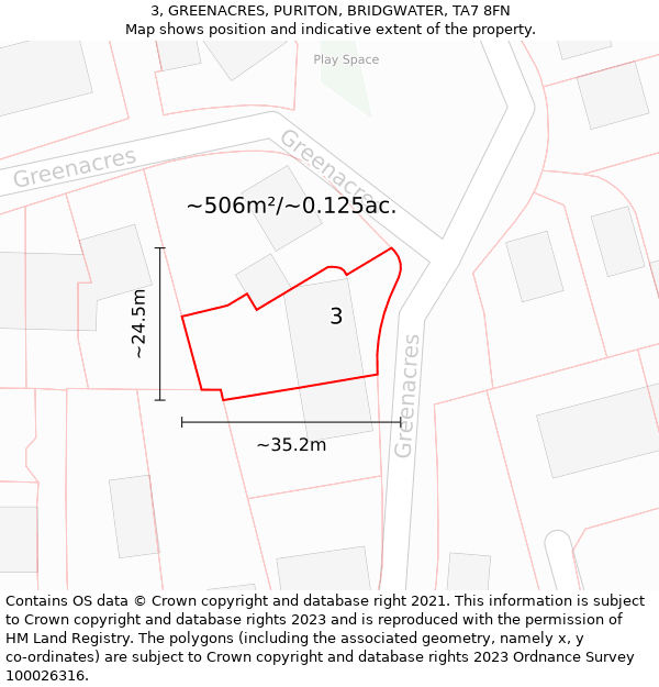 3, GREENACRES, PURITON, BRIDGWATER, TA7 8FN: Plot and title map