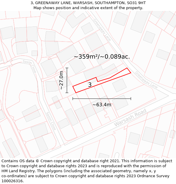 3, GREENAWAY LANE, WARSASH, SOUTHAMPTON, SO31 9HT: Plot and title map