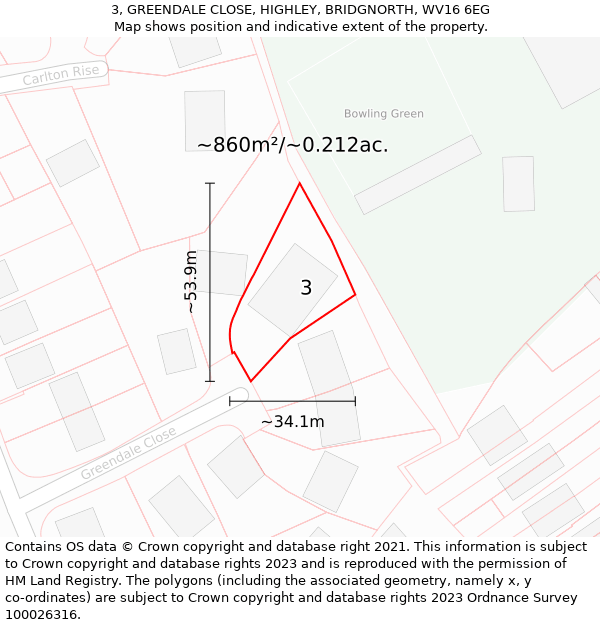 3, GREENDALE CLOSE, HIGHLEY, BRIDGNORTH, WV16 6EG: Plot and title map