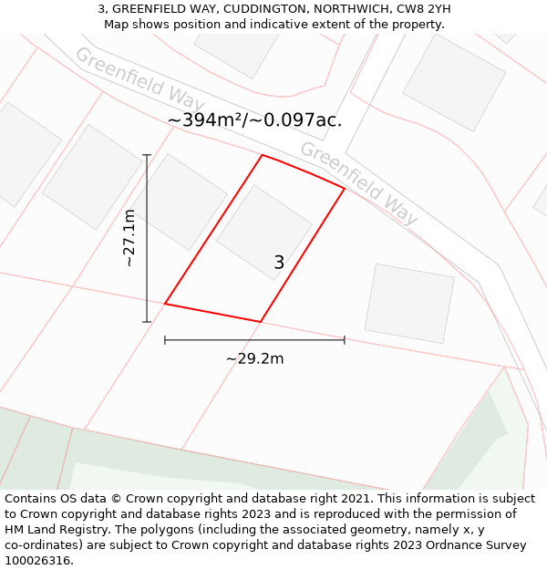 3, GREENFIELD WAY, CUDDINGTON, NORTHWICH, CW8 2YH: Plot and title map