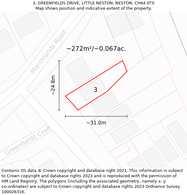 3, GREENFIELDS DRIVE, LITTLE NESTON, NESTON, CH64 0TX: Plot and title map