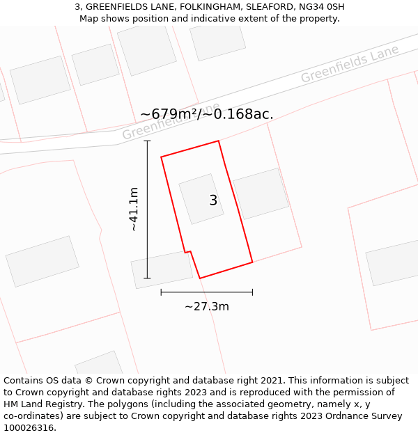 3, GREENFIELDS LANE, FOLKINGHAM, SLEAFORD, NG34 0SH: Plot and title map