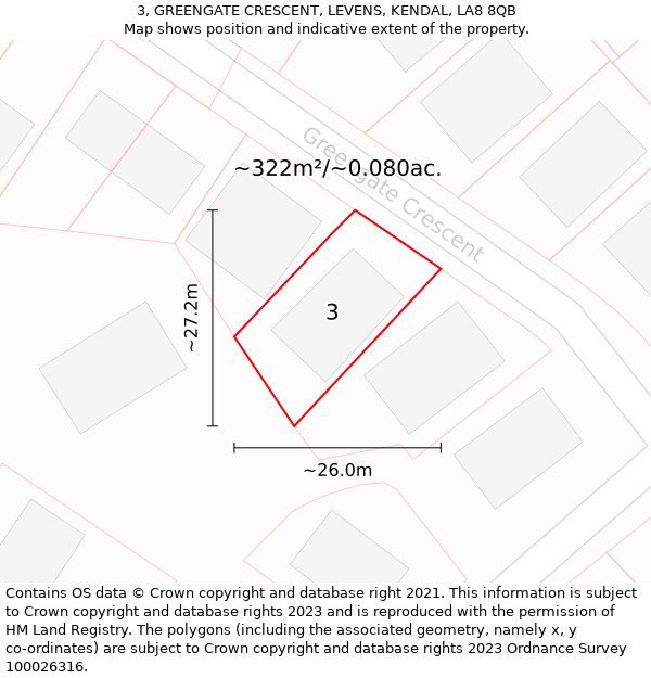 3, GREENGATE CRESCENT, LEVENS, KENDAL, LA8 8QB: Plot and title map