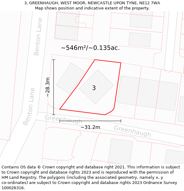 3, GREENHAUGH, WEST MOOR, NEWCASTLE UPON TYNE, NE12 7WA: Plot and title map