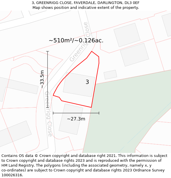 3, GREENRIGG CLOSE, FAVERDALE, DARLINGTON, DL3 0EF: Plot and title map