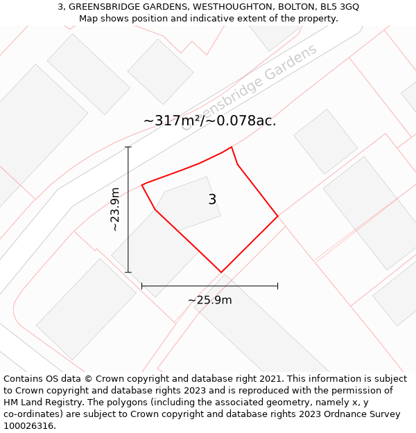 3, GREENSBRIDGE GARDENS, WESTHOUGHTON, BOLTON, BL5 3GQ: Plot and title map