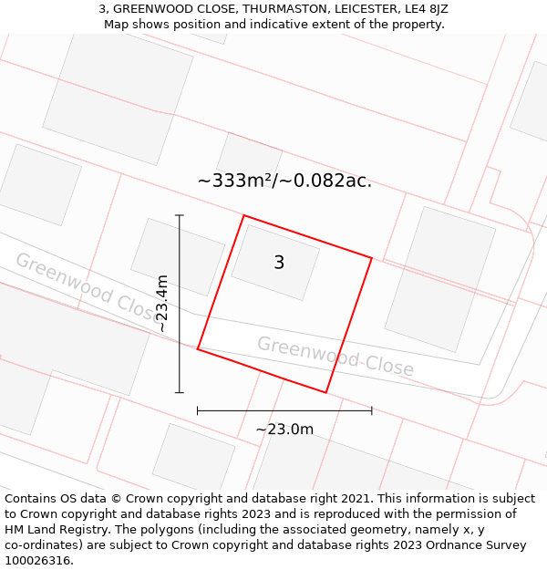 3, GREENWOOD CLOSE, THURMASTON, LEICESTER, LE4 8JZ: Plot and title map