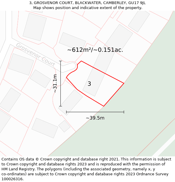 3, GROSVENOR COURT, BLACKWATER, CAMBERLEY, GU17 9JL: Plot and title map