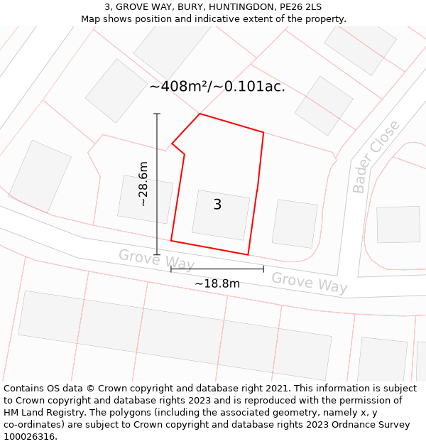 3, GROVE WAY, BURY, HUNTINGDON, PE26 2LS: Plot and title map