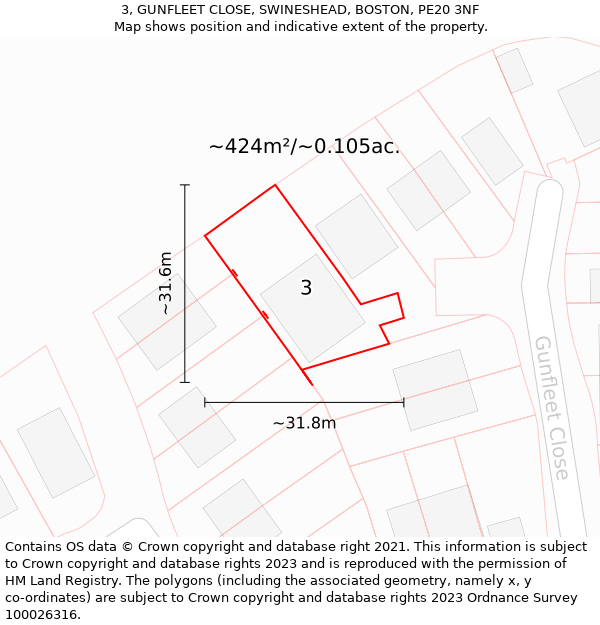 3, GUNFLEET CLOSE, SWINESHEAD, BOSTON, PE20 3NF: Plot and title map