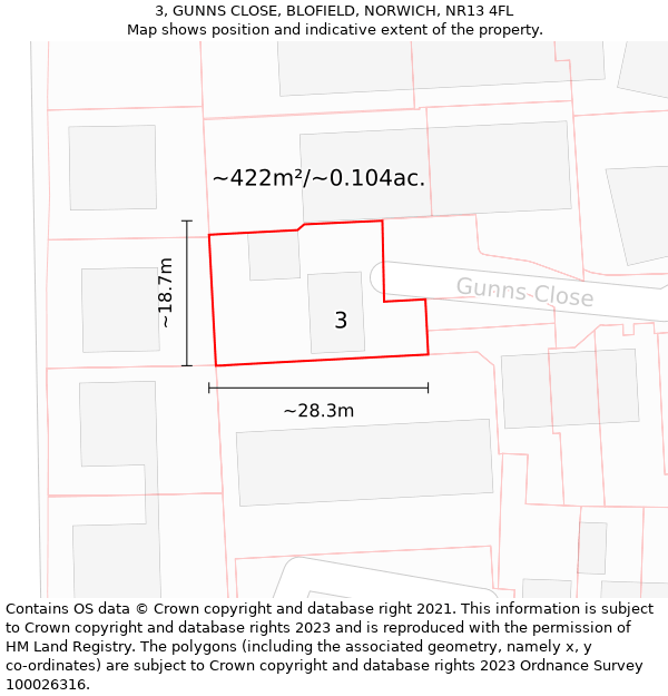3, GUNNS CLOSE, BLOFIELD, NORWICH, NR13 4FL: Plot and title map