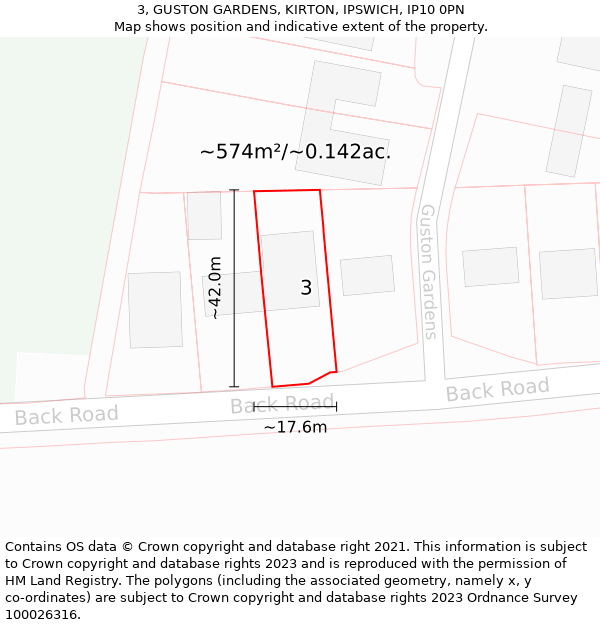 3, GUSTON GARDENS, KIRTON, IPSWICH, IP10 0PN: Plot and title map