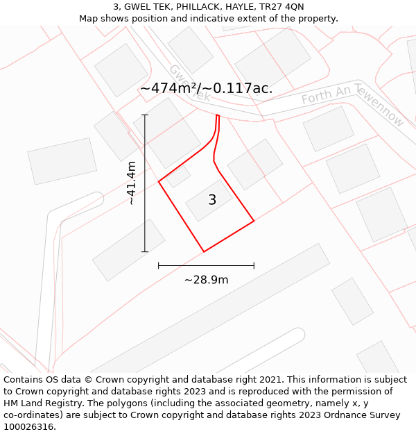 3, GWEL TEK, PHILLACK, HAYLE, TR27 4QN: Plot and title map