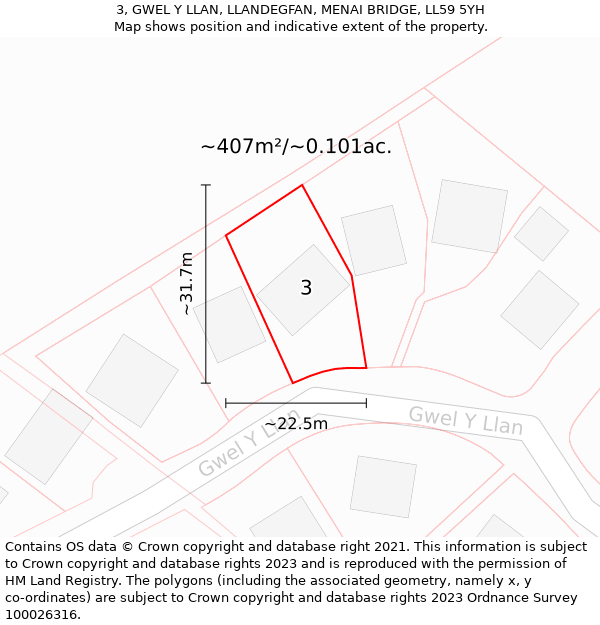 3, GWEL Y LLAN, LLANDEGFAN, MENAI BRIDGE, LL59 5YH: Plot and title map