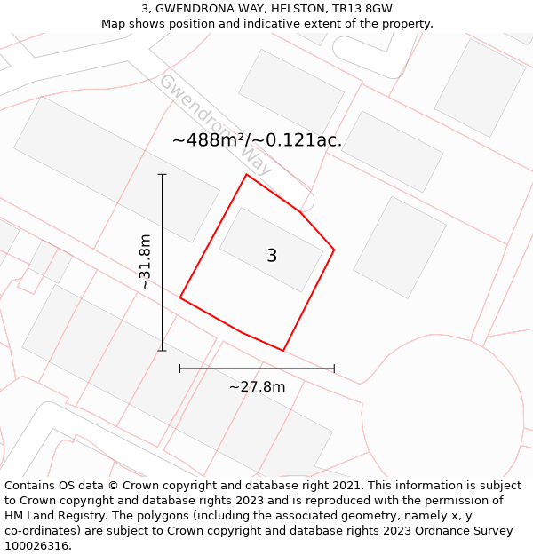 3, GWENDRONA WAY, HELSTON, TR13 8GW: Plot and title map